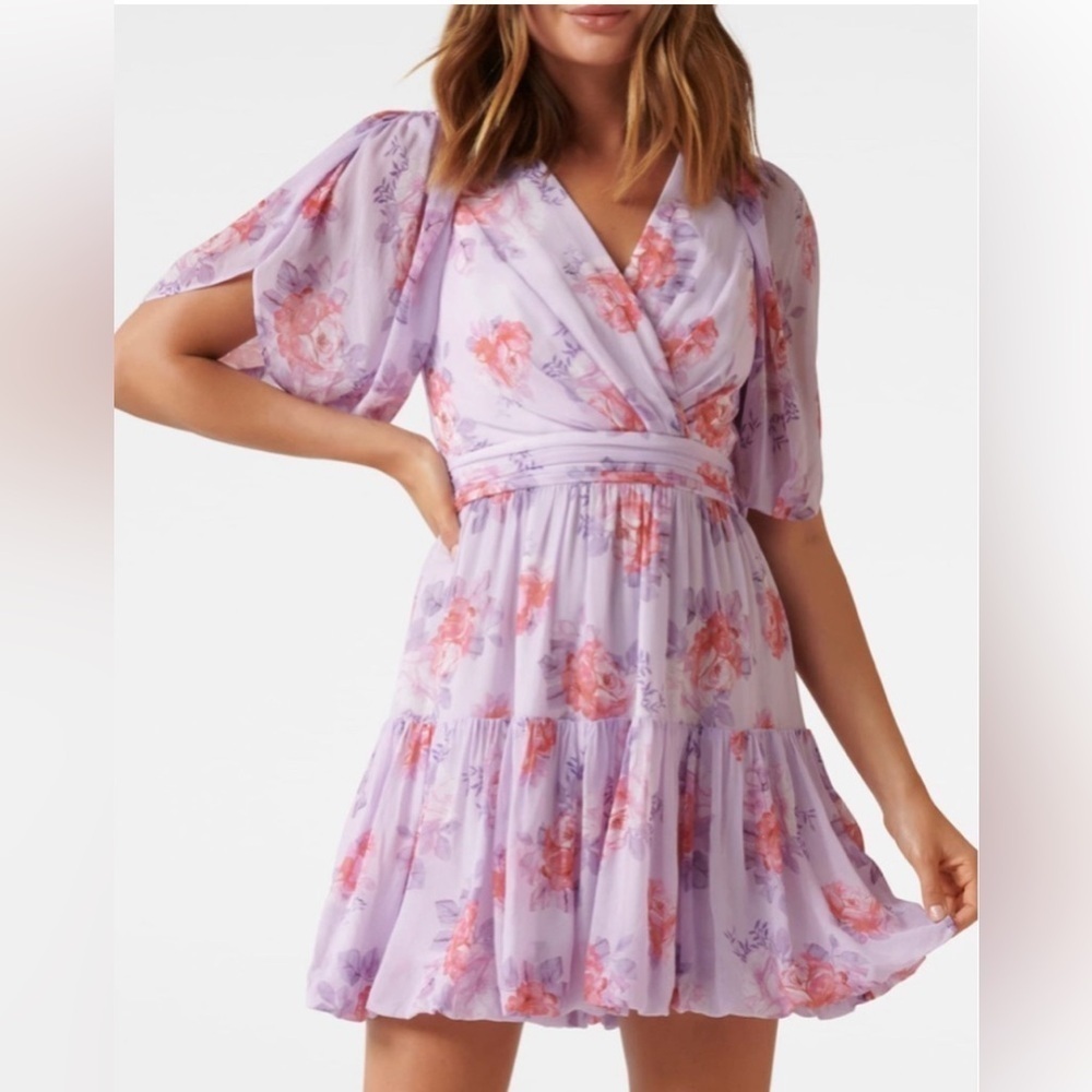Ever New Melbourne lavender floral mini dress tiered, tulip sleeve size 8 US